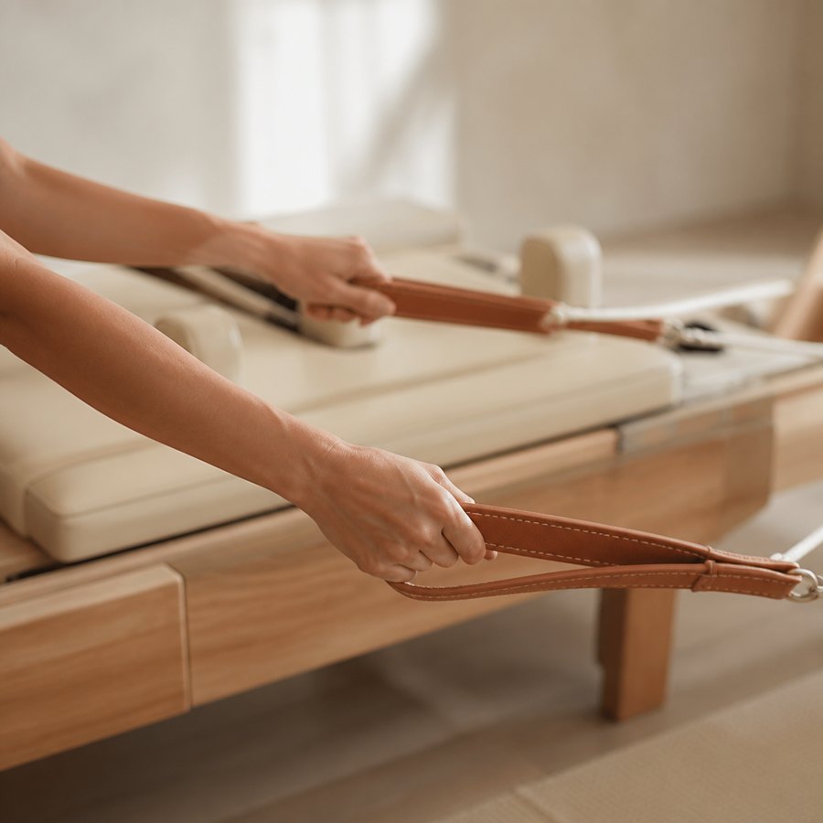 Hands gripping tan leather straps on a wooden Pilates reformer