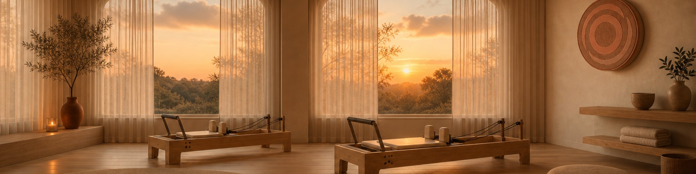 Sunset studio with two wooden reformers and the Flow Room Music disc on the wall