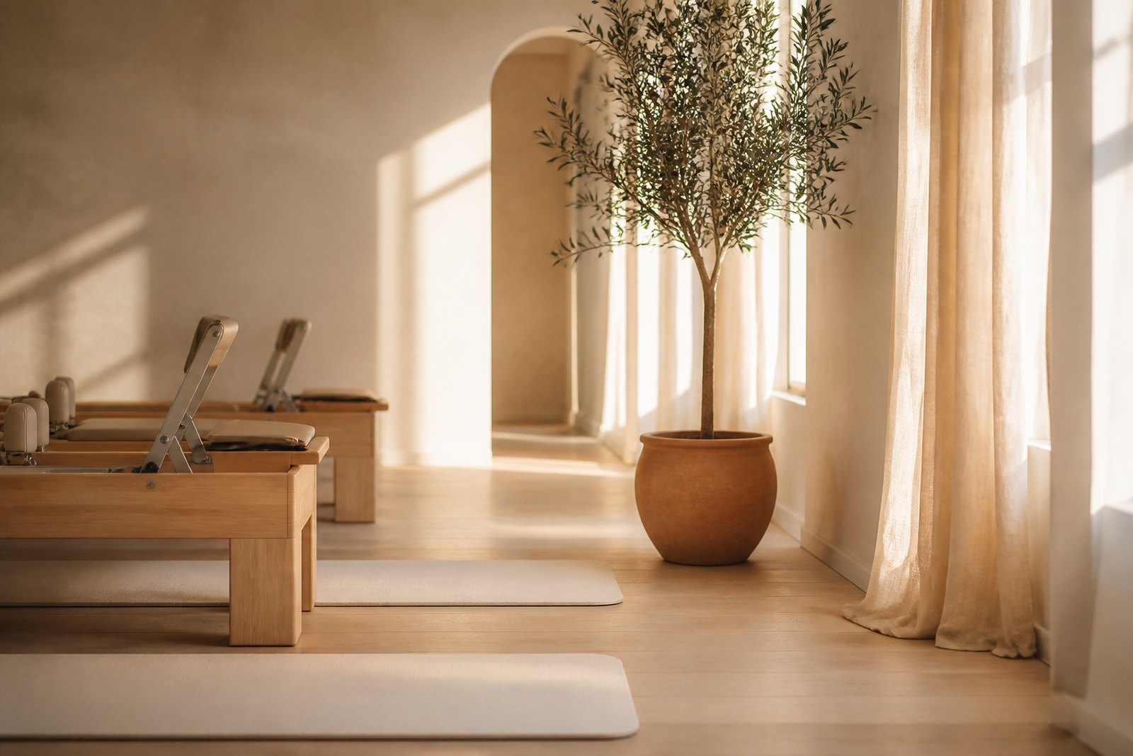 Pilates studio with wooden reformers, white mats, and an olive tree in a terracotta pot by tall windows