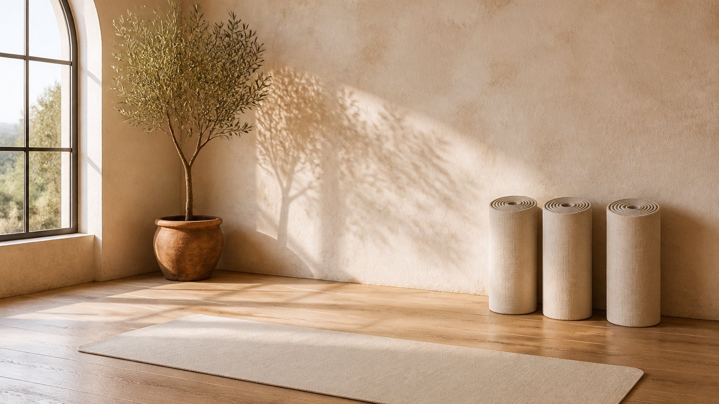Sunlit yoga room with a cream mat on wood floor, rolled mats, and an olive tree by an arched window